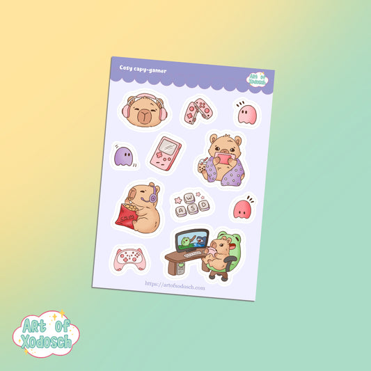cosy capybara gamer sticker sheet