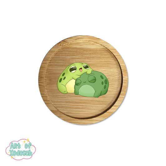 frog duo wooden coaster