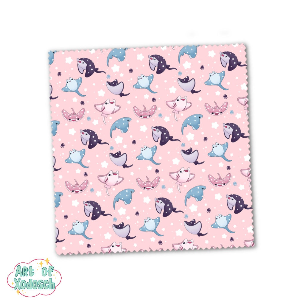 cute and soft glasses cleaning cloth with pink, blue and purple sting rays and manta rays