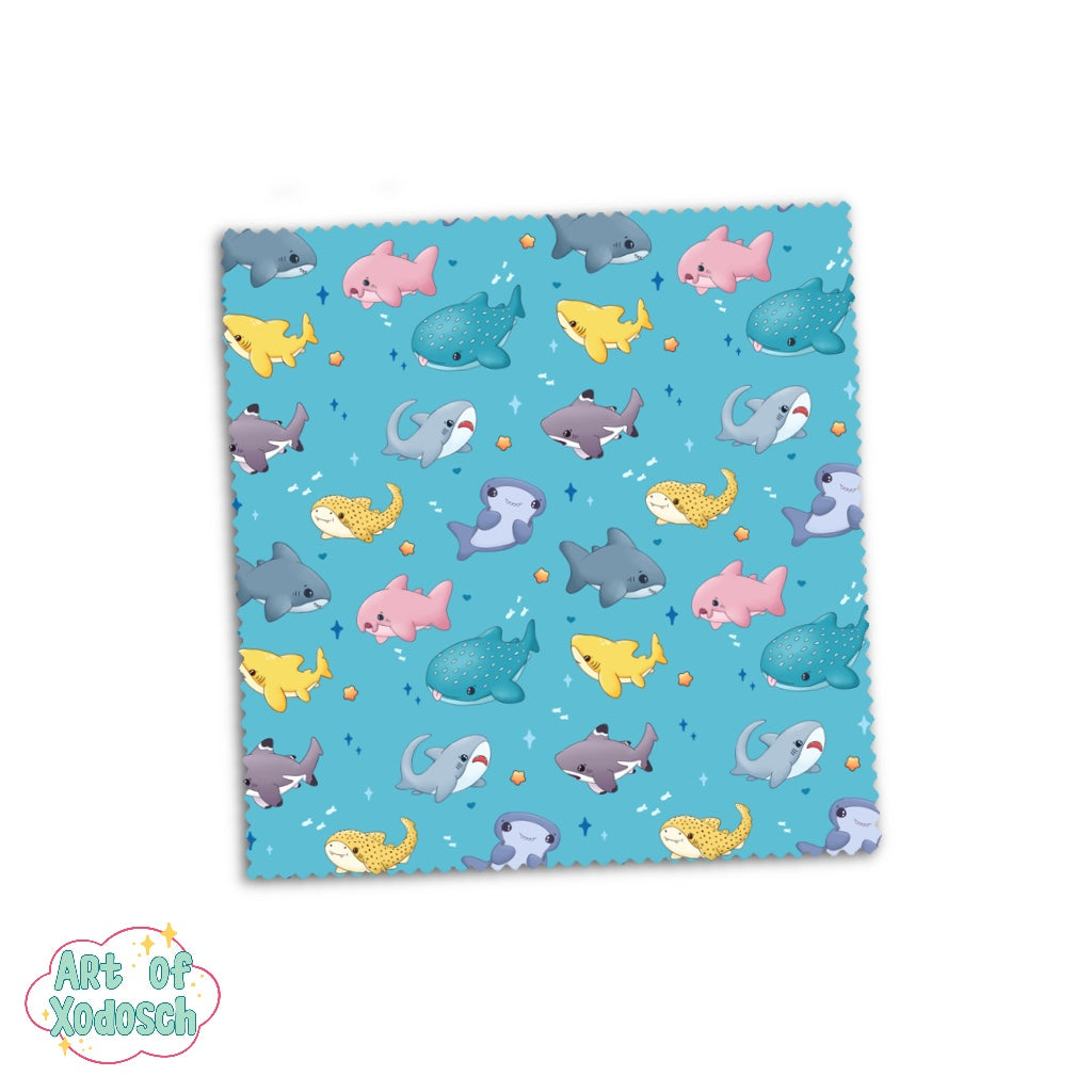 microfiber cloth for glasses with a kawaii sharks pattern