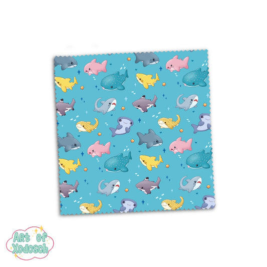 microfiber cloth for glasses with a kawaii sharks pattern